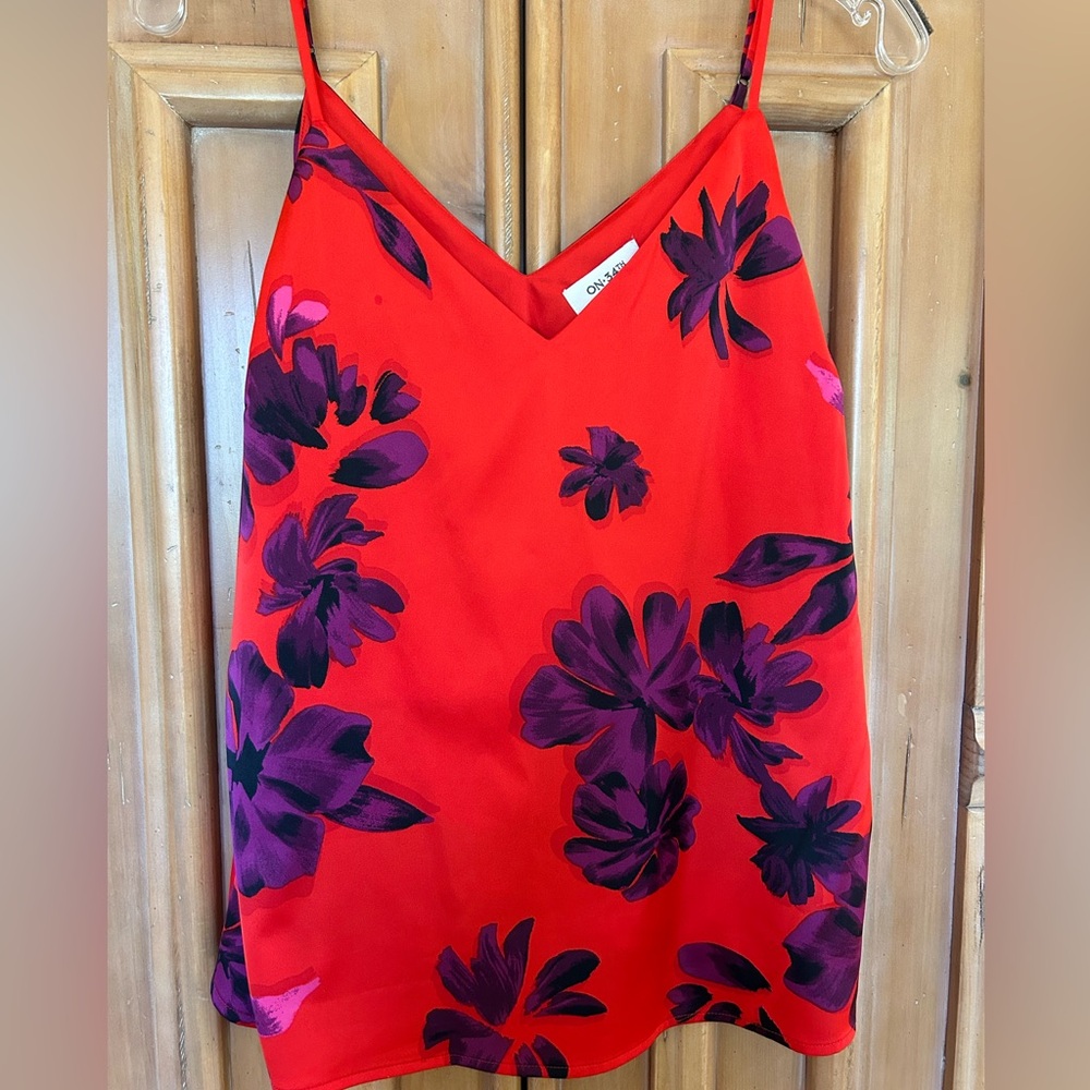 Satin cami, red with, violet and black floral, size M, NWOT